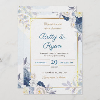 Elegant Ivory & Blue Floral Wedding Invitation 