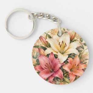 Elegant Ivory Blush and Coral Watercolor Lilies Key Ring