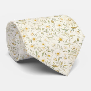 Elegant Ivory Botanical Vintage White Yellow  Tie