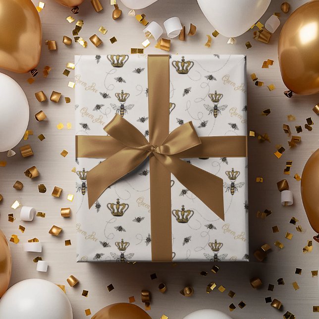 Elegant Ivory Buzzing Royal Queen Bee & Gold Crown Wrapping Paper (Elegant Ivory Buzzing Queen Bees and Royal Crowns with the Gold Hand-Written Text, "Queen Bee". 
)