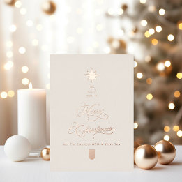 Elegant Ivory Calligraphy Christmas Tree Rose Gold Foil Holiday Card