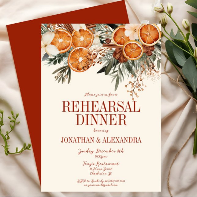 Elegant Ivory Citrus Floral Rehearsal Dinner Invitation (Burnt Orange Citrus Floral Rehearsal Dinner Invitation, Boho Bohemian Rustic Wedding, Fall Winter)