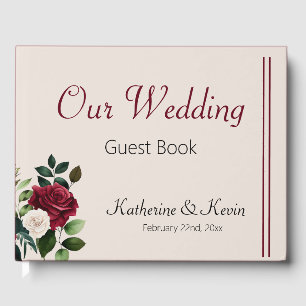 Elegant Ivory Cream Burgandy Floral Wedding Guest Book