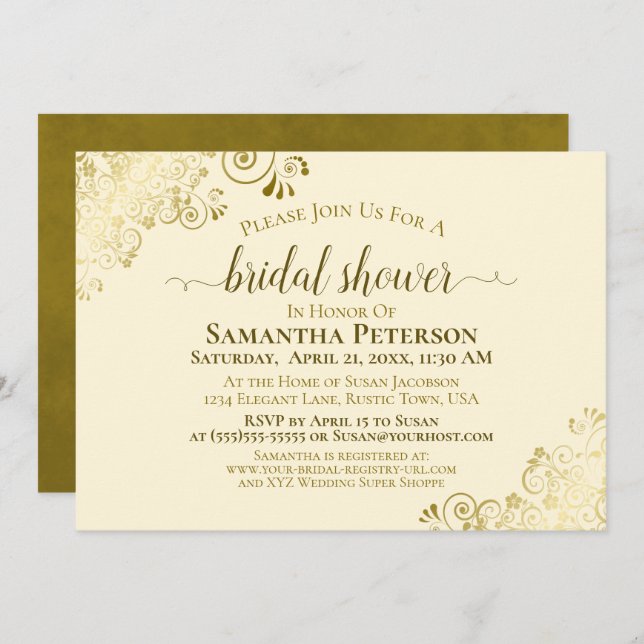 Elegant Ivory Cream Gold Lace Frills Bridal Shower Invitation (Front/Back)