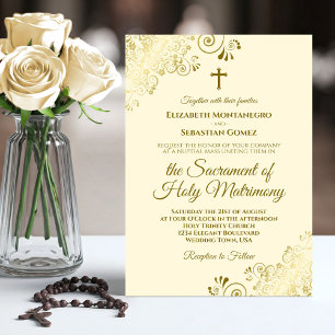 Elegant Ivory Cream & Gold Modern Catholic Wedding Invitation