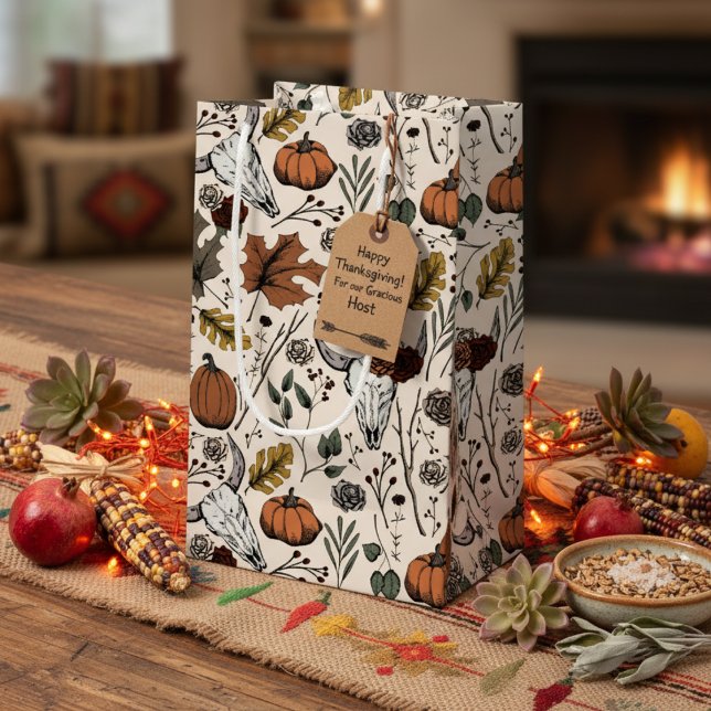 Elegant Ivory Fall Harvest and Cow Skulls Small Gift Bag (Elegant Southwestern Fall Harvest Gift Bags. Floral Cow Skulls, Burnt Orange Pumpkins, Autumn Leaves)