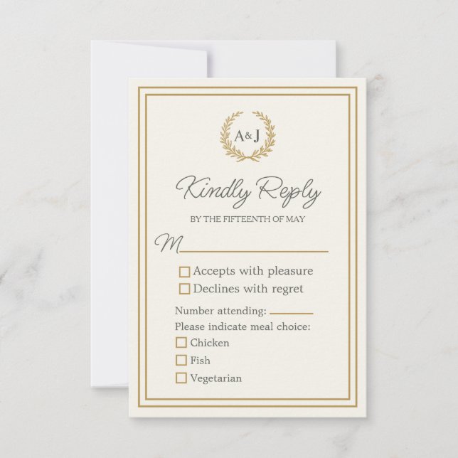 Elegant Ivory Faux Gold 3 Meal Choices Wedding  RSVP Card (Front)