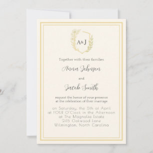 Elegant Ivory & Faux Gold Crest with Floral Accent Invitation