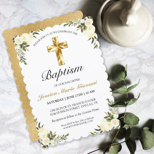 Elegant Ivory Floral Baby Baptism Invitation