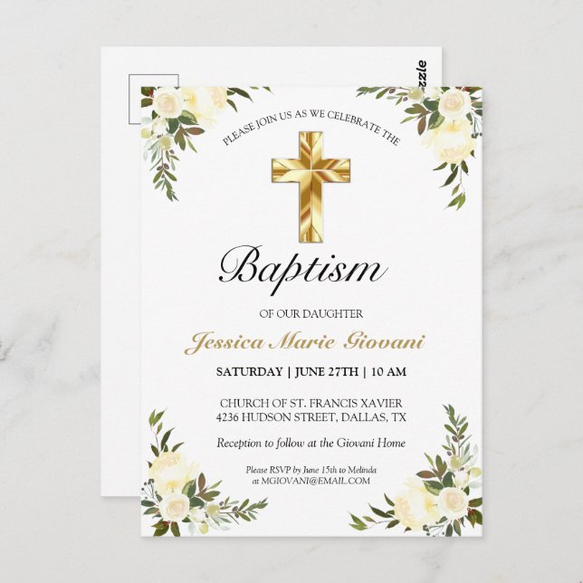 Elegant Ivory Floral Baby Baptism Postcard (Front/Back)