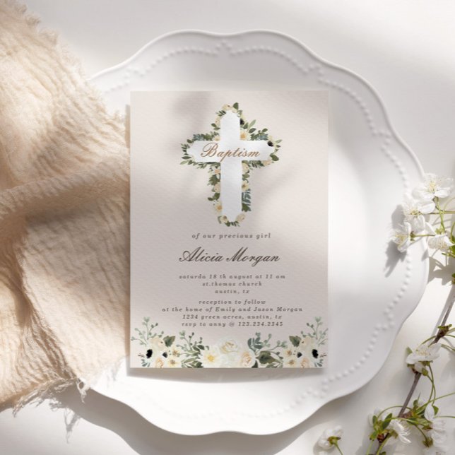 Elegant Ivory Floral Cross Baptism Invitation (Creator Uploaded)