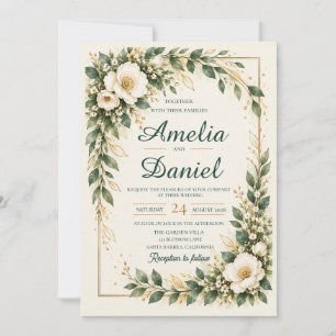 Elegant Ivory Floral Gold Frame Wedding Invitation