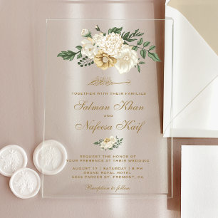 Elegant Ivory Floral Islamic Muslim Wedding Acrylic Invitations