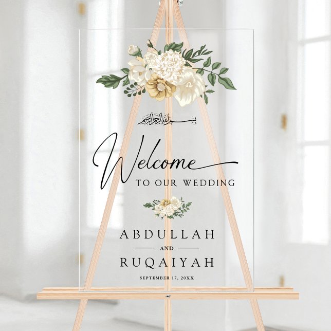 Elegant Ivory Floral Muslim Wedding Welcome Acrylic Sign (Creator Uploaded)