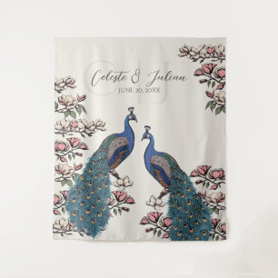 Elegant Ivory Floral Peacock Wedding Backdrop Tapestry