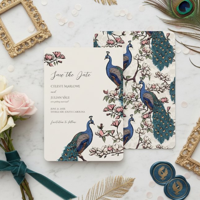 Elegant Ivory Floral Peacock Wedding Save The Date (Ivory Peacock Save the Dates for Modern Bird Wedding. Vintage Floral Peacock Chinoiserie Engagement )