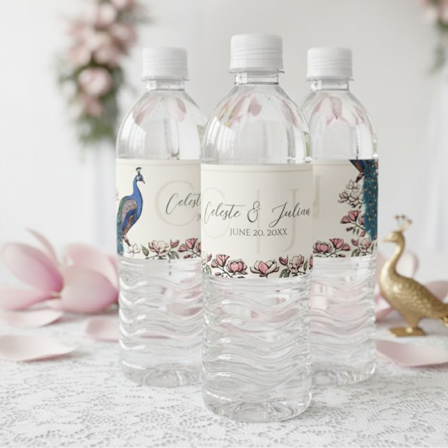 Elegant Ivory Floral Peacock Wedding Water Bottle Label (Elegant Floral Peacock Water Bottle Label. Modern Chinoiserie Peacock, Flowers Ivory Drink Label)