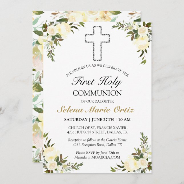 Elegant Ivory Floral Rose First Holy Communion  Invitation (Front/Back)