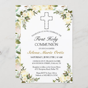 Elegant Ivory Floral Rose First Holy Communion  Invitation