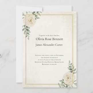 Elegant Ivory Floral Wedding Invitation with Gold
