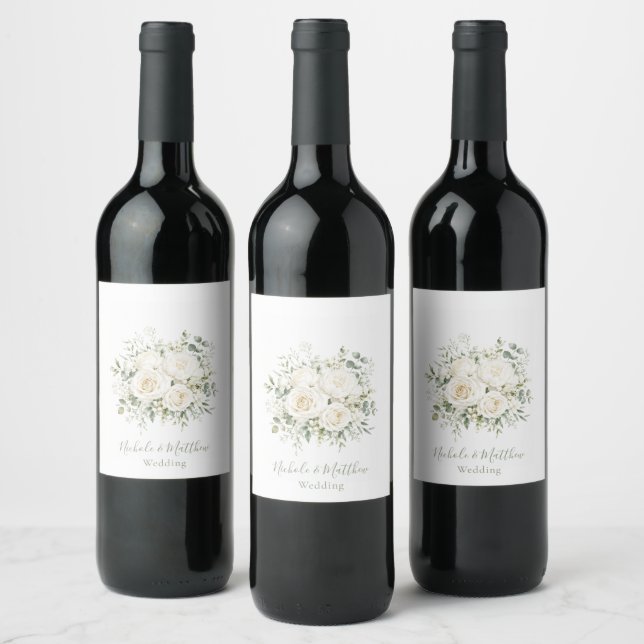 Elegant Ivory Floral Wedding Wine Label (Bottles)
