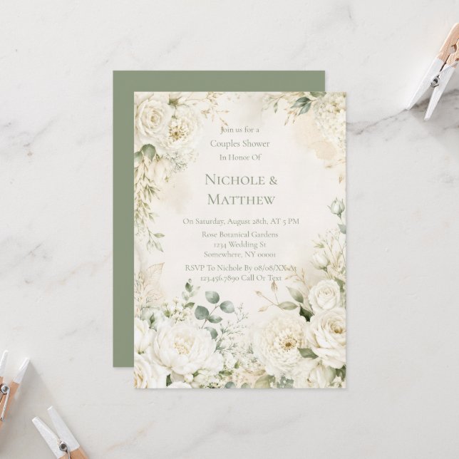 Elegant Ivory Florals Couples Shower Invitation (Front/Back In Situ)