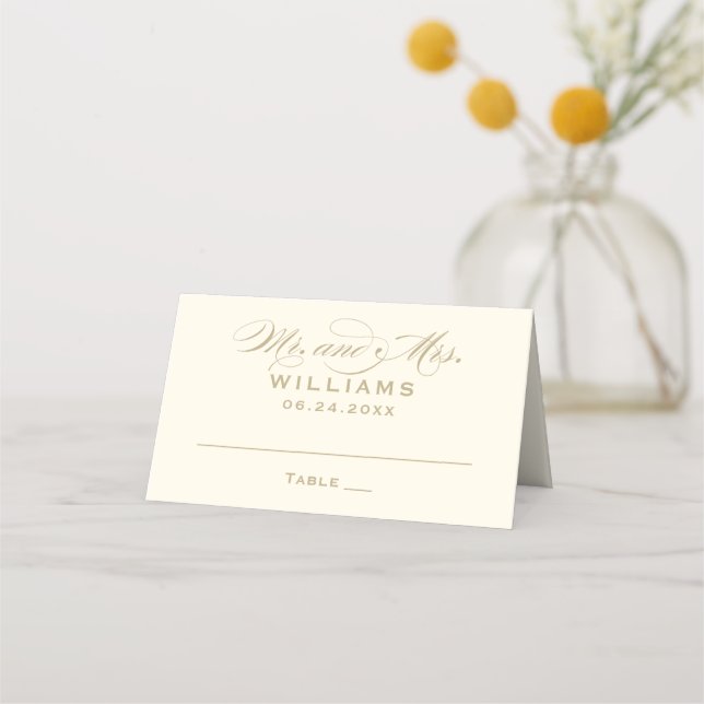 Elegant Ivory Gold Calligraphy Wedding Monogram Place Card (Front)