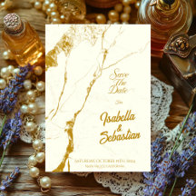 Elegant Ivory & Gold Marble Save the Date weeding