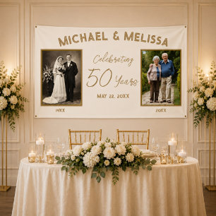 Elegant Ivory Gold Then & Now 50th Anniversary Banner