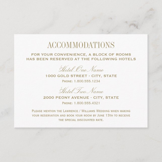 Elegant Ivory Gold Wedding Accommodations Enclosure Card (Front)