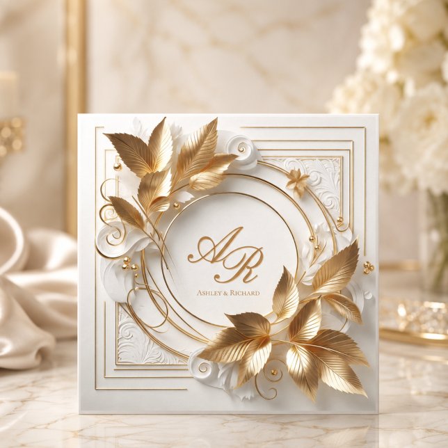 Elegant Ivory Gold Wedding Invitation (elegant opulent ivory gold foliage classic luxury chic wedding invitation)