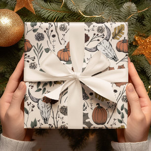 Elegant Ivory Gothic Fall Harvest and Cow Skulls Wrapping Paper