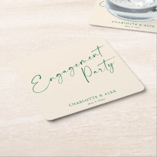 Elegant Ivory Green Calligraphy Engagement Party  Square Paper Coaster
