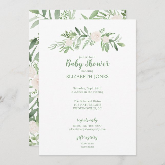 Elegant Ivory & Green Floral Baby Shower Invitation (Front/Back)