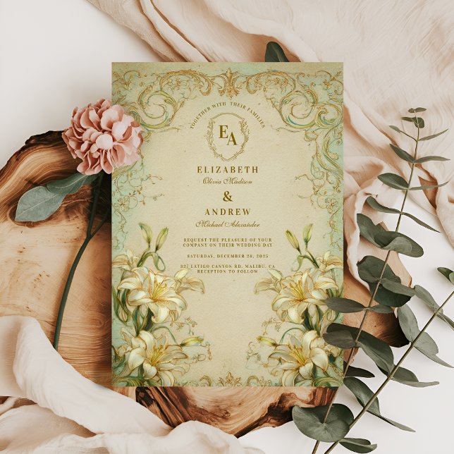 Elegant Ivory Lily Gold Scroll Wedding Invitation (Creator Uploaded)