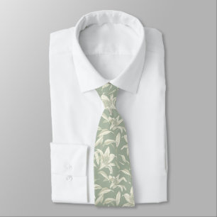 Elegant Ivory Lily on Sage Green Floral Pattern Tie