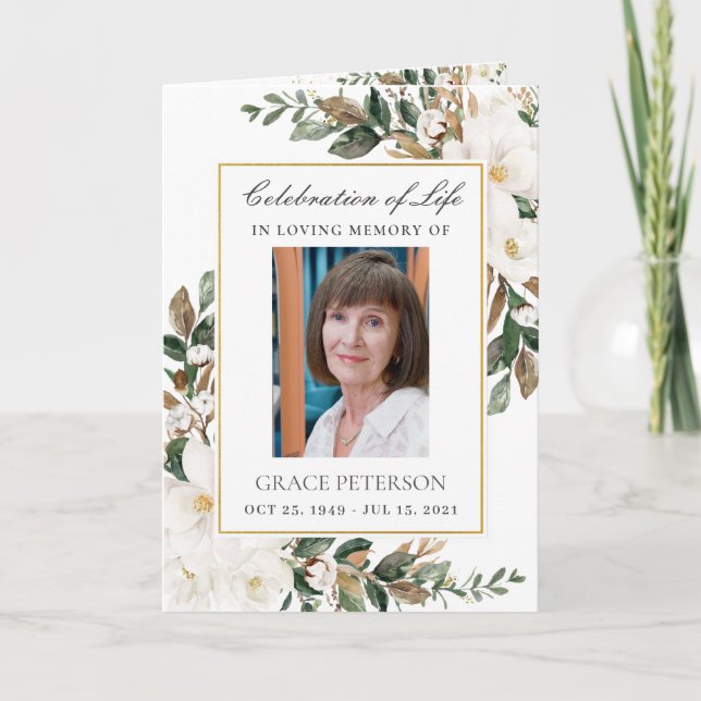 Elegant Ivory Magnolia Floral Leafy Photo Funeral Program (Front)