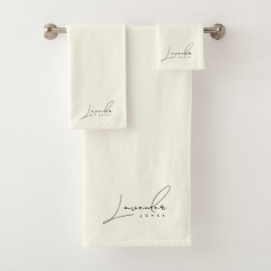 Elegant Ivory Minimalist Script Name Bath Towel Set