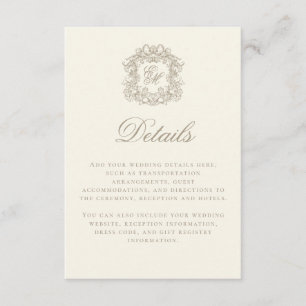 Elegant Ivory Monogram Crest Wedding Details Enclosure Card