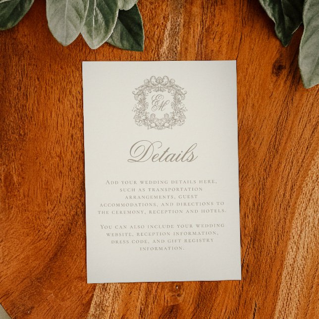 Elegant Ivory Monogram Crest Wedding Details Enclosure Card (Creator Uploaded)