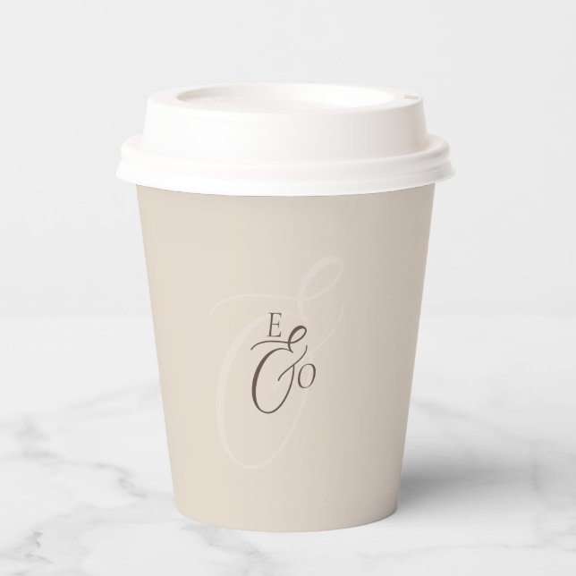 Elegant Ivory Monogram Muted brown Wedding Paper Cups (Front)