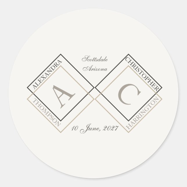 Elegant Ivory Monogram Name Classic Round Sticker (Front)