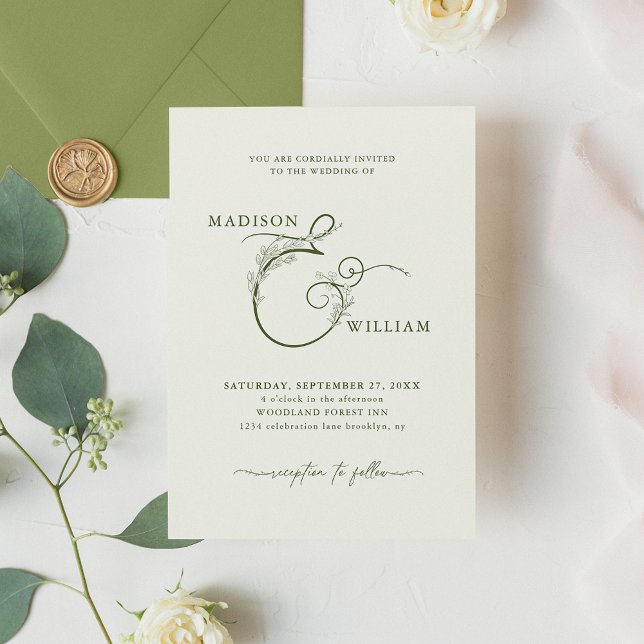 Elegant Ivory Moss Green Floral Ampersand Wedding Invitation (Creator Uploaded)