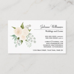 Elegant Ivory or Peach Watercolor Roses & Greenery Business Card