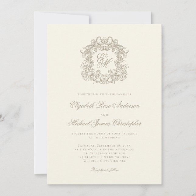 Elegant Ivory Ornate Monogram Crest Wedding Invitation (Front)