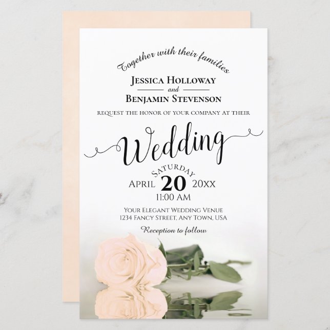 Elegant Ivory Peach Rose BUDGET Wedding Invitation (Front/Back)