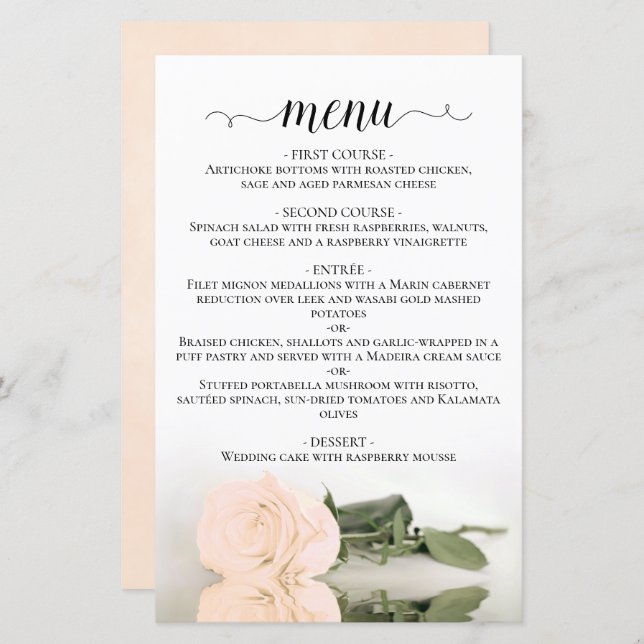Elegant Ivory Peach Rose Budget Wedding Menu (Front/Back)