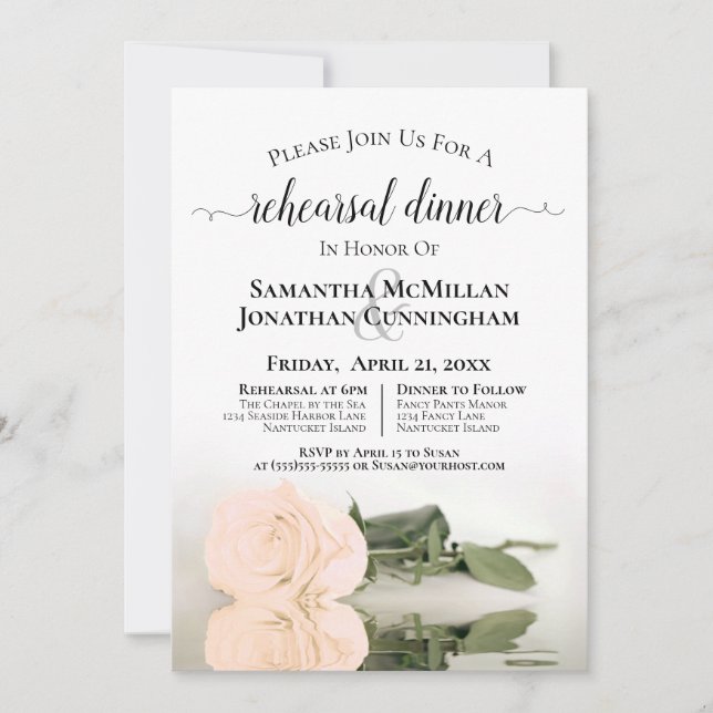 Elegant Ivory Peach Rose Wedding Rehearsal Invitation (Front)