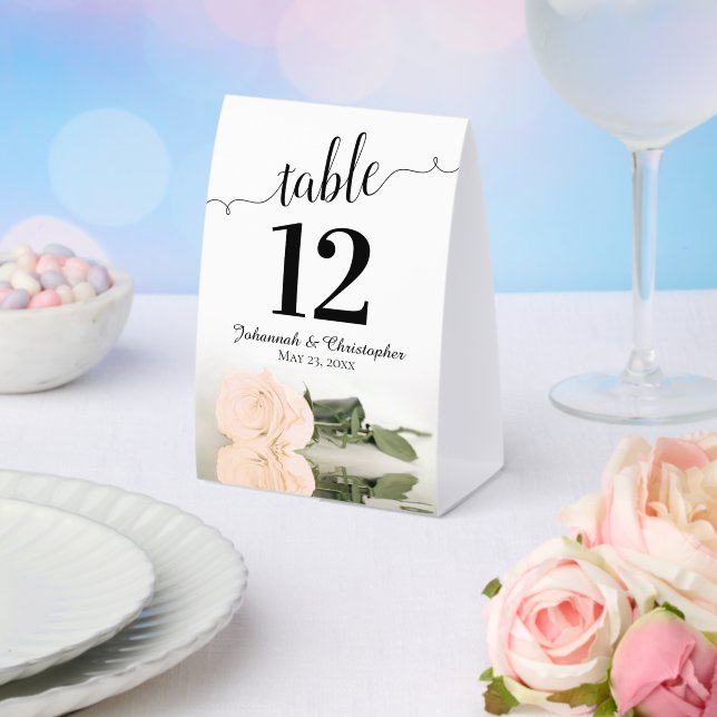 Elegant Ivory Peach Rose Wedding Table Number (Insitu(Wedding))
