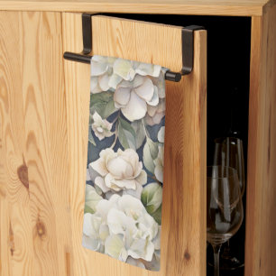 Elegant ivory pink green navy watercolor floral tea towel